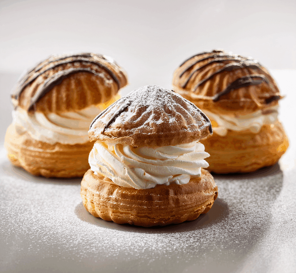 Choux à la crème vanille garnis de chantilly et saupoudrés de sucre glace.