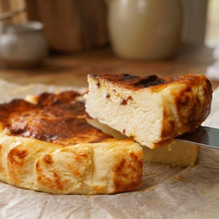 Cheesecake basque à l'extrait de vanille à la surface caramélisée, une part soulevée à la spatule.