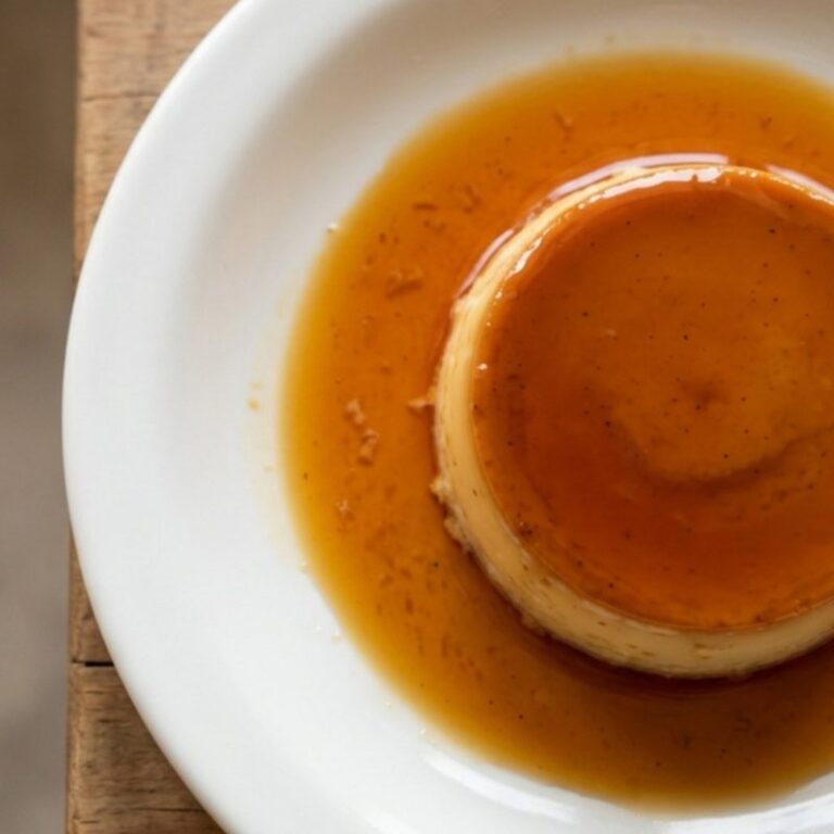 Crème caramel à la vanille de Madagascar nappée de caramel ambré, dans une assiette blanche.